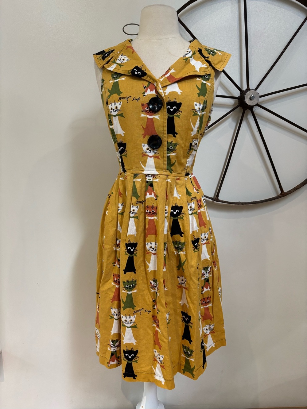 Beebop & Wally feline cat print vintage retro style mustard yellow Gladys dress